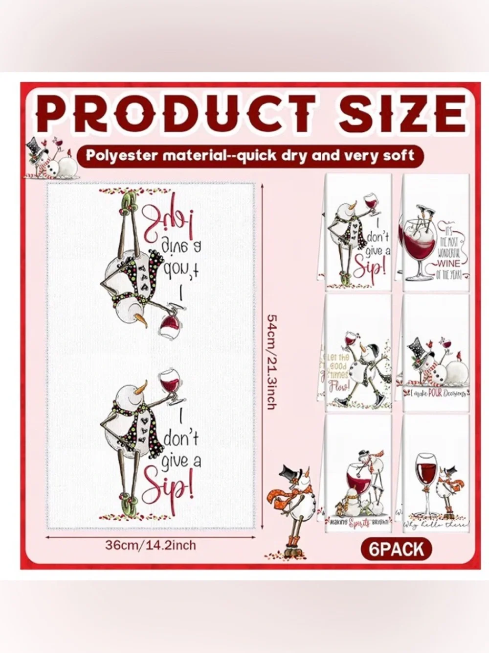 RESERVED 💜 Holiday Snowman Wine Kitchen Towel set -6 towels